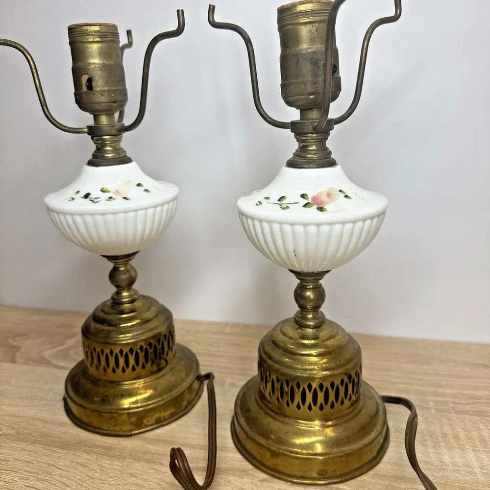 Vintage Pair Porcelain Floral Brass Table Lamps Boudoir Vanity Parts Repair